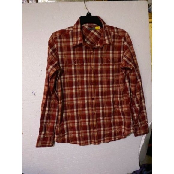 Women Plaid Shirt Cabelas Button Down Red Long Sleeves Pockets Size Small Petite - Picture 2 of 9